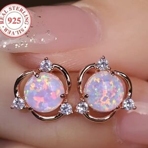 Rose Gold Opal & CZs Earrings